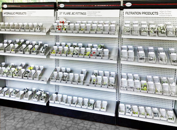 Mi Fluid Power Solutions retail image of store shelves with racks of parts
